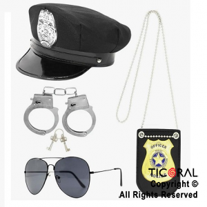 SET DISFRAZ POLICIA ECO SOMBRERO ANTEOJO PLACA ESPOSAS x 1